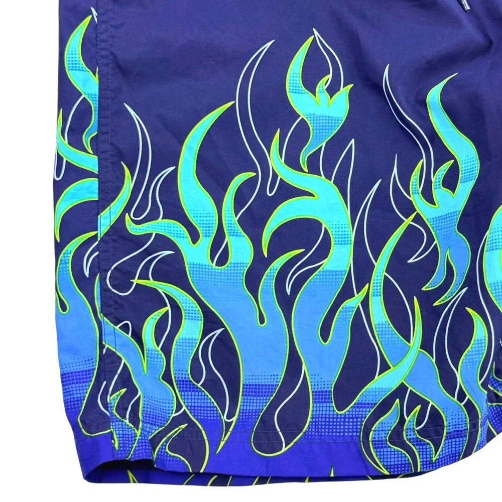 Utility Flame Print Baggy Board Shorts Men 34 Blue Surf Swim Trunks Y2K Vintage